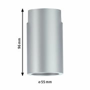 Silberne zylindrische Deckenfassung mit den Maßen 96 mm Höhe und 55 mm Durchmesser, seitliche Ansicht.