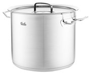 Hoher Kochtopf aus Metall, 28 cm, mit Deckel und seitlichen Griffen, seitliche Perspektive