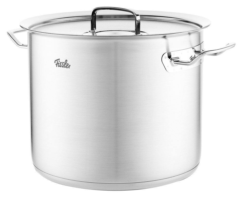 Hoher Kochtopf aus Metall, 28 cm, mit Deckel und seitlichen Griffen, seitliche Perspektive