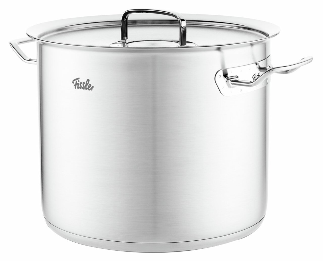 Hoher Kochtopf aus Metall, 28 cm, mit Deckel und seitlichen Griffen, seitliche Perspektive
