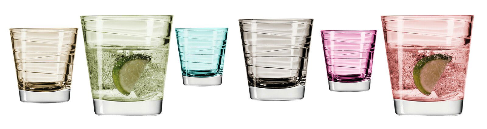 Sechsteiliges Becherset mit 250ml Fassungsvermögen in verschiedenen Farben, seitliche Perspektive.