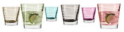 Sechsteiliges Becherset mit 250ml Fassungsvermögen in verschiedenen Farben, seitliche Perspektive.