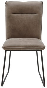 Moderner Stuhl mit gepolstertem Sitz und Rückenlehne in braunem Stoff, schwarzes Metallgestell, Frontalansicht.