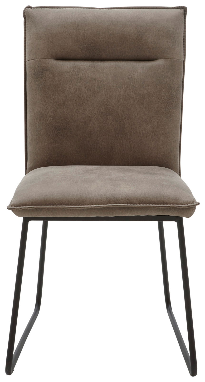 Moderner Stuhl mit gepolstertem Sitz und Rückenlehne in braunem Stoff, schwarzes Metallgestell, Frontalansicht.