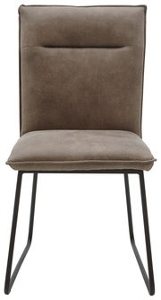 Moderner Stuhl mit gepolstertem Sitz und Rückenlehne in braunem Stoff, schwarzes Metallgestell, Frontalansicht.