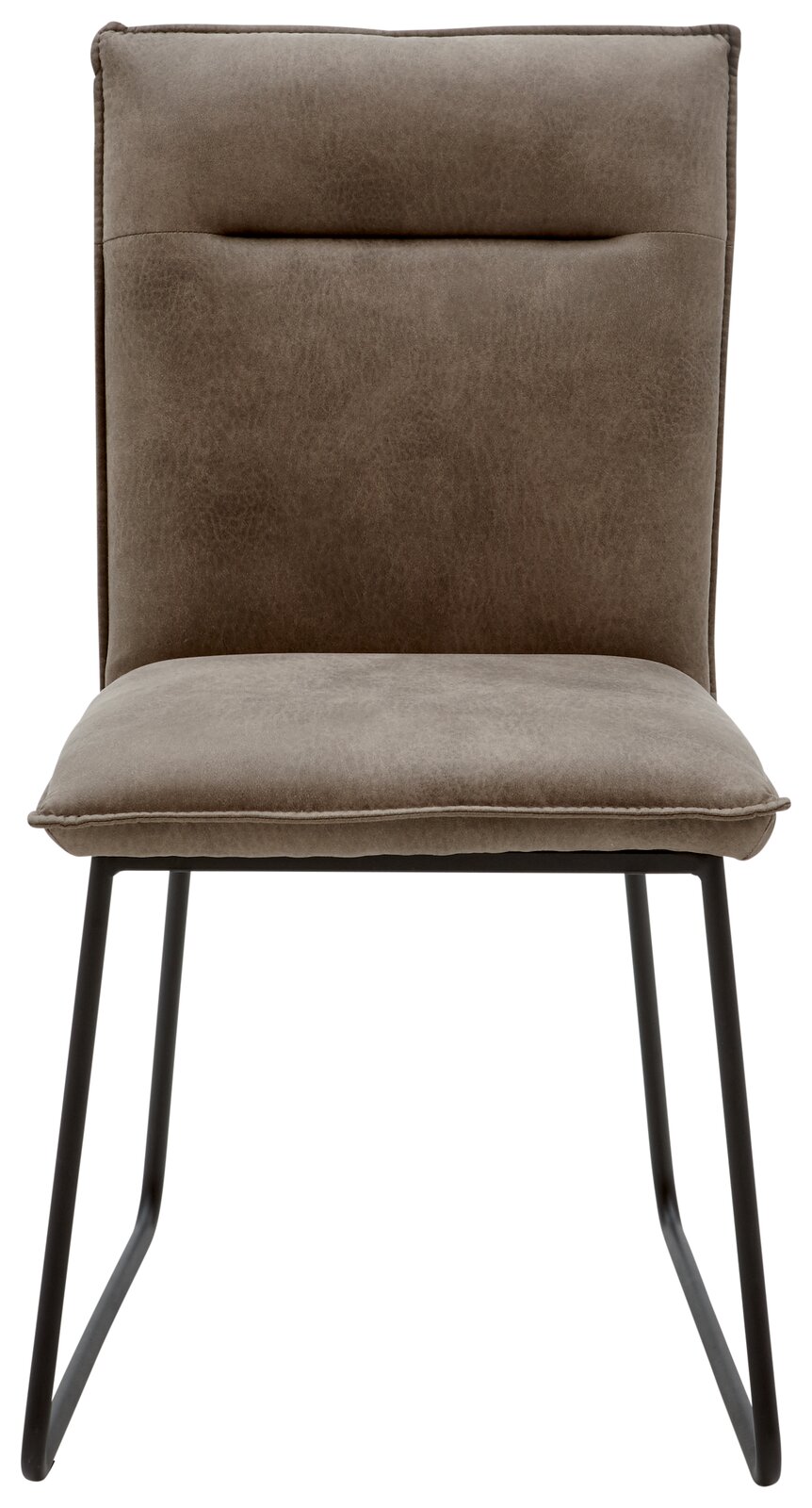 Moderner Stuhl mit gepolstertem Sitz und Rückenlehne in braunem Stoff, schwarzes Metallgestell, Frontalansicht.