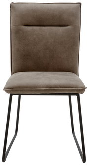 Moderner Stuhl mit gepolstertem Sitz und Rückenlehne in braunem Stoff, schwarzes Metallgestell, Frontalansicht.