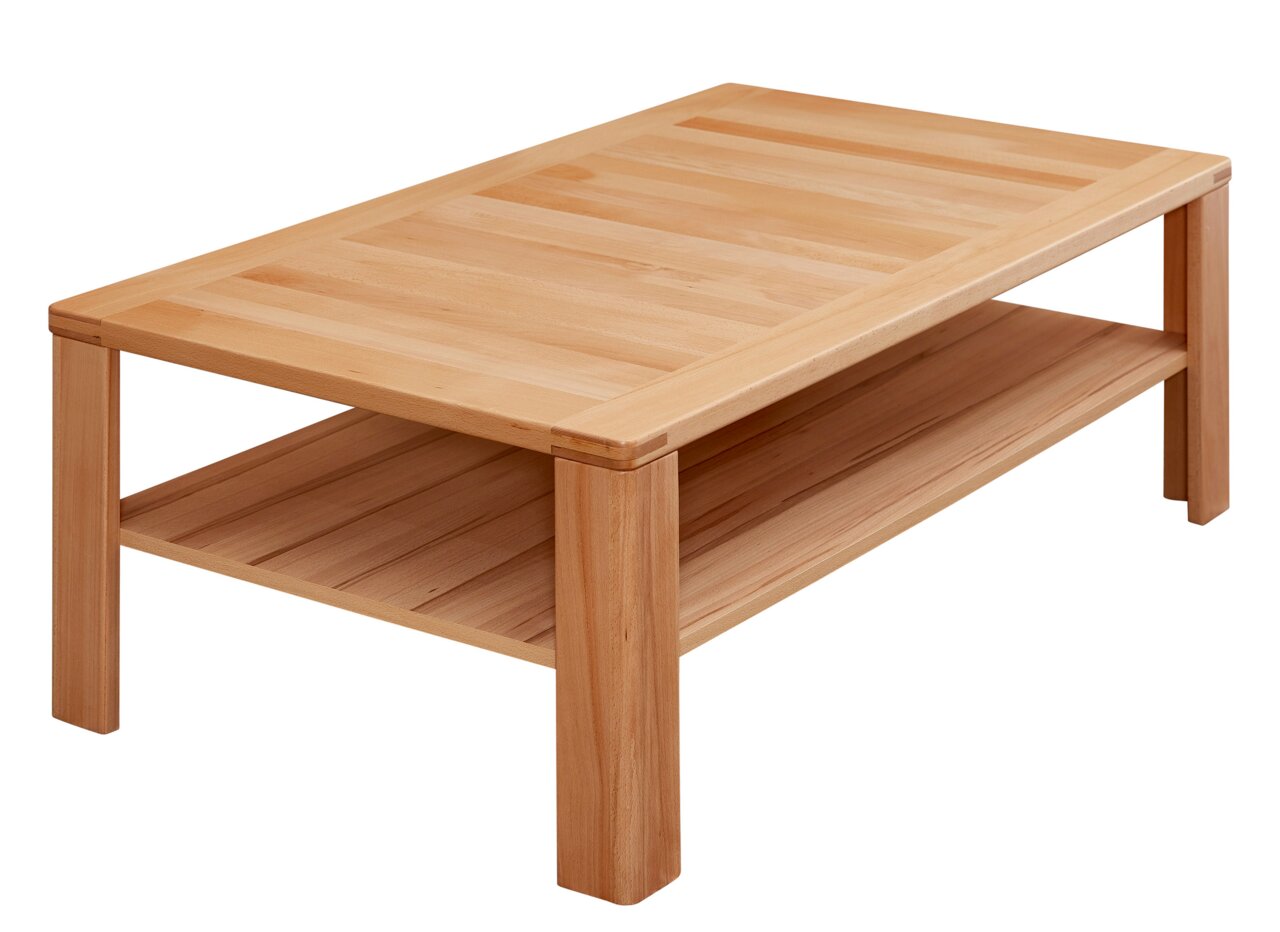 Rechteckiger Couchtisch aus hellem Holz mit zusätzlicher Ablagefläche, seitliche Perspektive