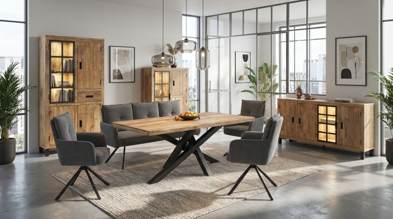 Moderne Wohnzimmermöbel in einem hellen Raum mit großen Fenstern, bestehend aus einem Holztisch mit schwarzem Metallgestell, umgeben von grauen Sesseln. Im Hintergrund stehen ein Holzschrank und ein Sideboard mit Glastüren. Perspektive: Frontalansicht.