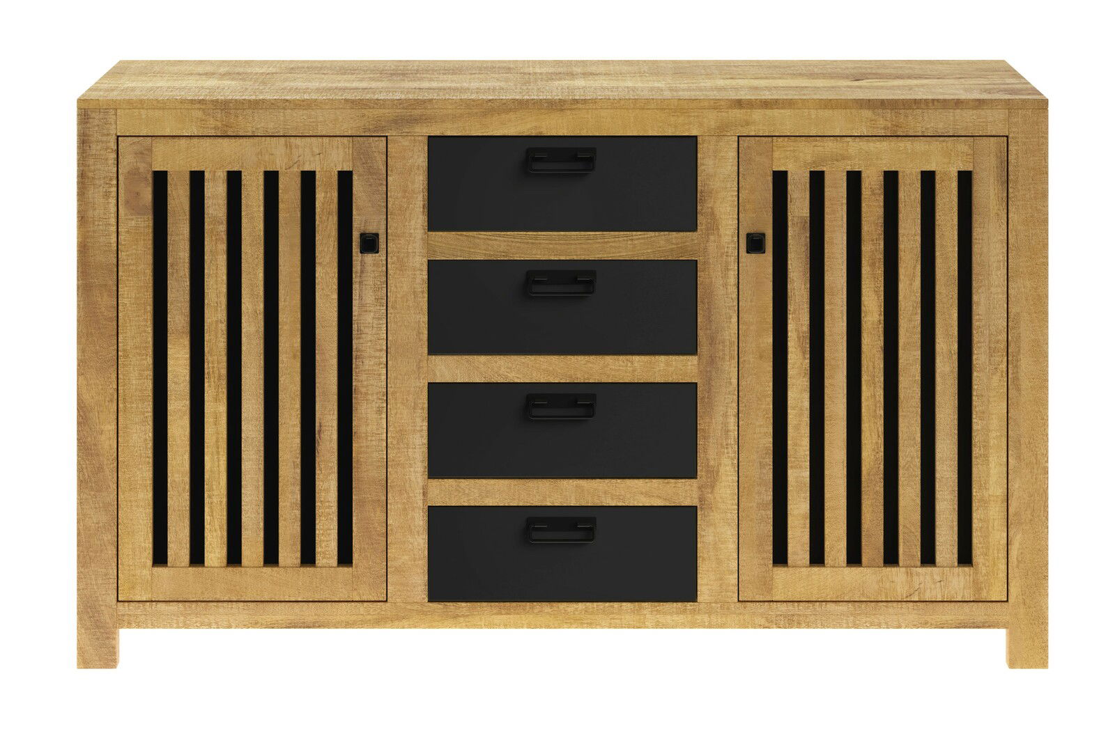 Frontale Ansicht eines Sideboards aus Holz mit schwarzen Schubladen und vertikalen Lamellentüren.