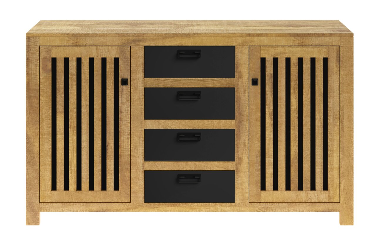 Frontale Ansicht eines Sideboards aus Holz mit schwarzen Schubladen und vertikalen Lamellentüren.