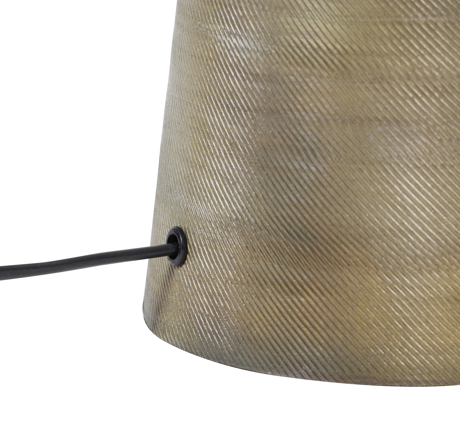 Nahaufnahme eines strukturierten Lampenfußes mit Kabelanschluss, seitliche Perspektive