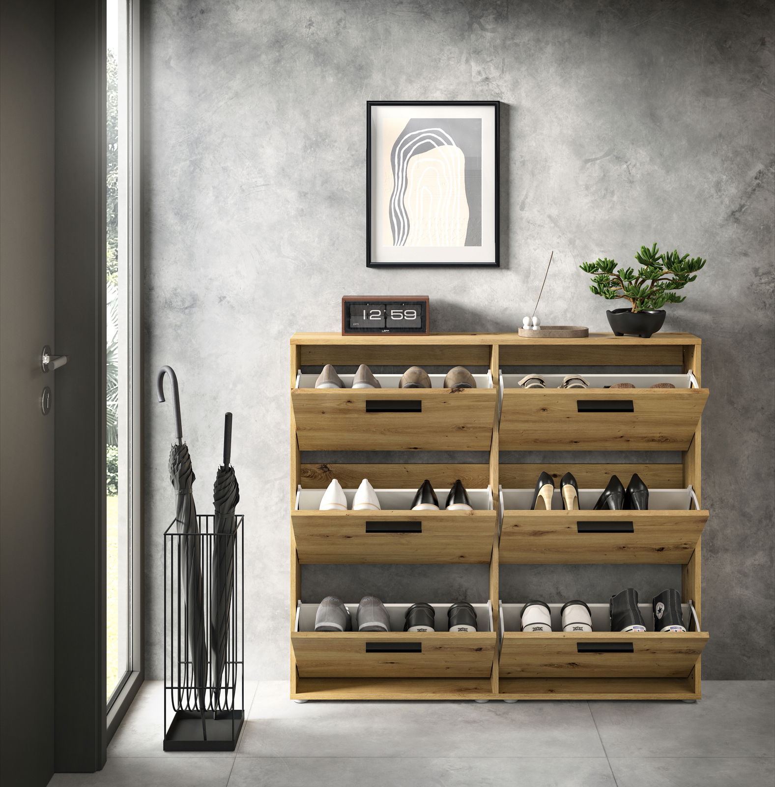 Schuhkipper aus Holz mit sechs Fächern, gefüllt mit Schuhen, in einem modernen Eingangsbereich. Frontalansicht.