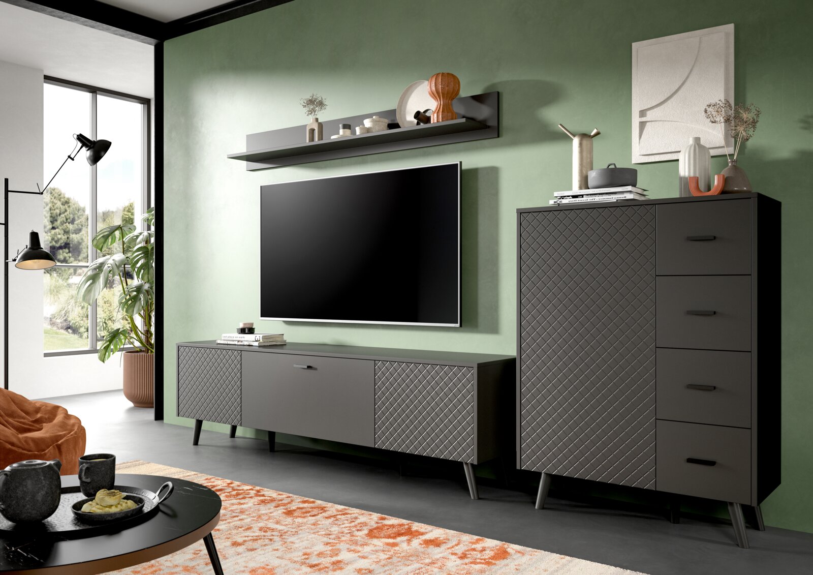 MID.YOU Kommode LINEA Moderne Kommode in einem stilvollen Wohnzimmer mit grüner Wand, TV und dekorativen Elementen, seitliche Perspektive