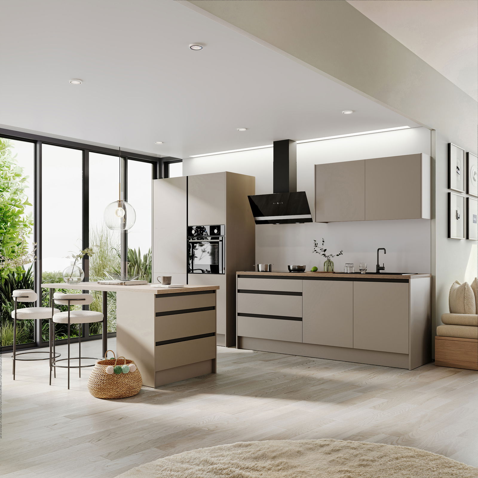 Yourkitchen Küchenblock 335 TROJA Moderne Küche in neutralen Tönen mit Küchenblock, ohne Elektrogeräte, aus der Perspektive eines offenen Wohnraums mit großen Fenstern und viel natürlichem Licht.