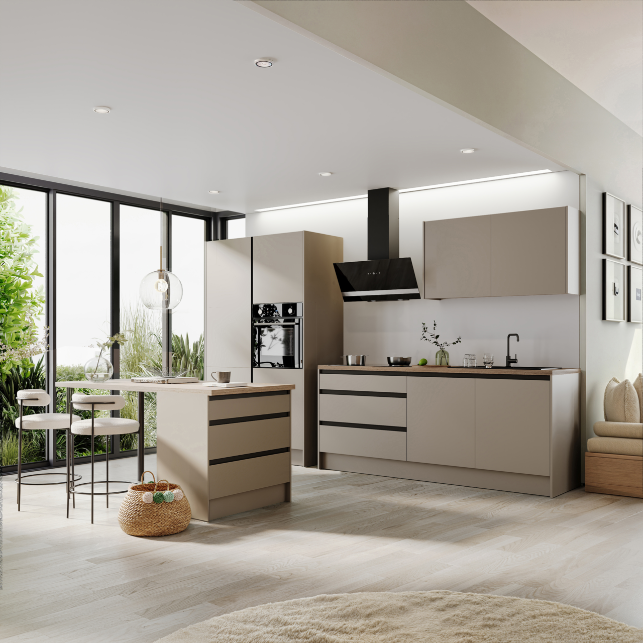 Yourkitchen Küchenblock 335 TROJA Moderne Küche in neutralen Tönen mit Küchenblock, ohne Elektrogeräte, aus der Perspektive eines offenen Wohnraums mit großen Fenstern und viel natürlichem Licht.