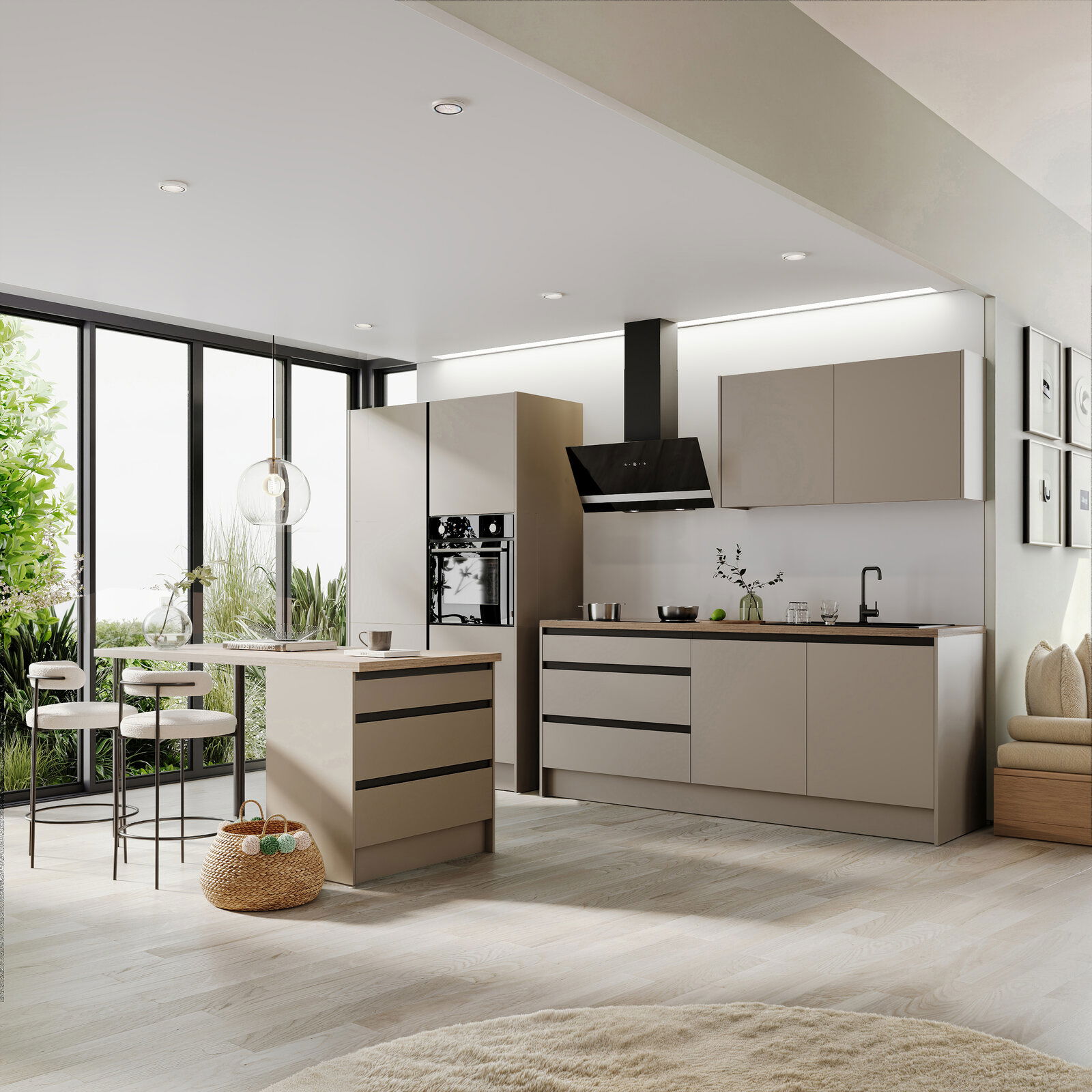 Yourkitchen Küchenblock 335 TROJA Moderne Küche in neutralen Tönen mit Küchenblock, ohne Elektrogeräte, aus der Perspektive eines offenen Wohnraums mit großen Fenstern und viel natürlichem Licht.