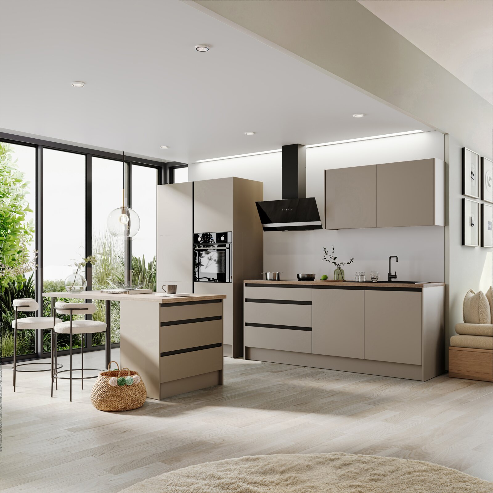 Yourkitchen Keukenblok 335 TROJA Moderne keuken in neutrale tinten met een keukenblok, zonder apparatuur, gezien vanuit een open woonkamer met grote ramen en veel natuurlijk licht.
