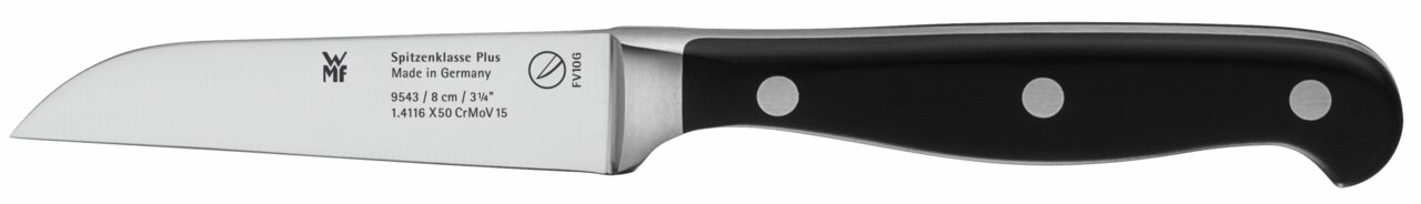 Seitenansicht eines Küchenmessers mit schwarzem Griff und Edelstahlklinge, Aufschrift 'Spitzenklasse Plus Made in Germany'.