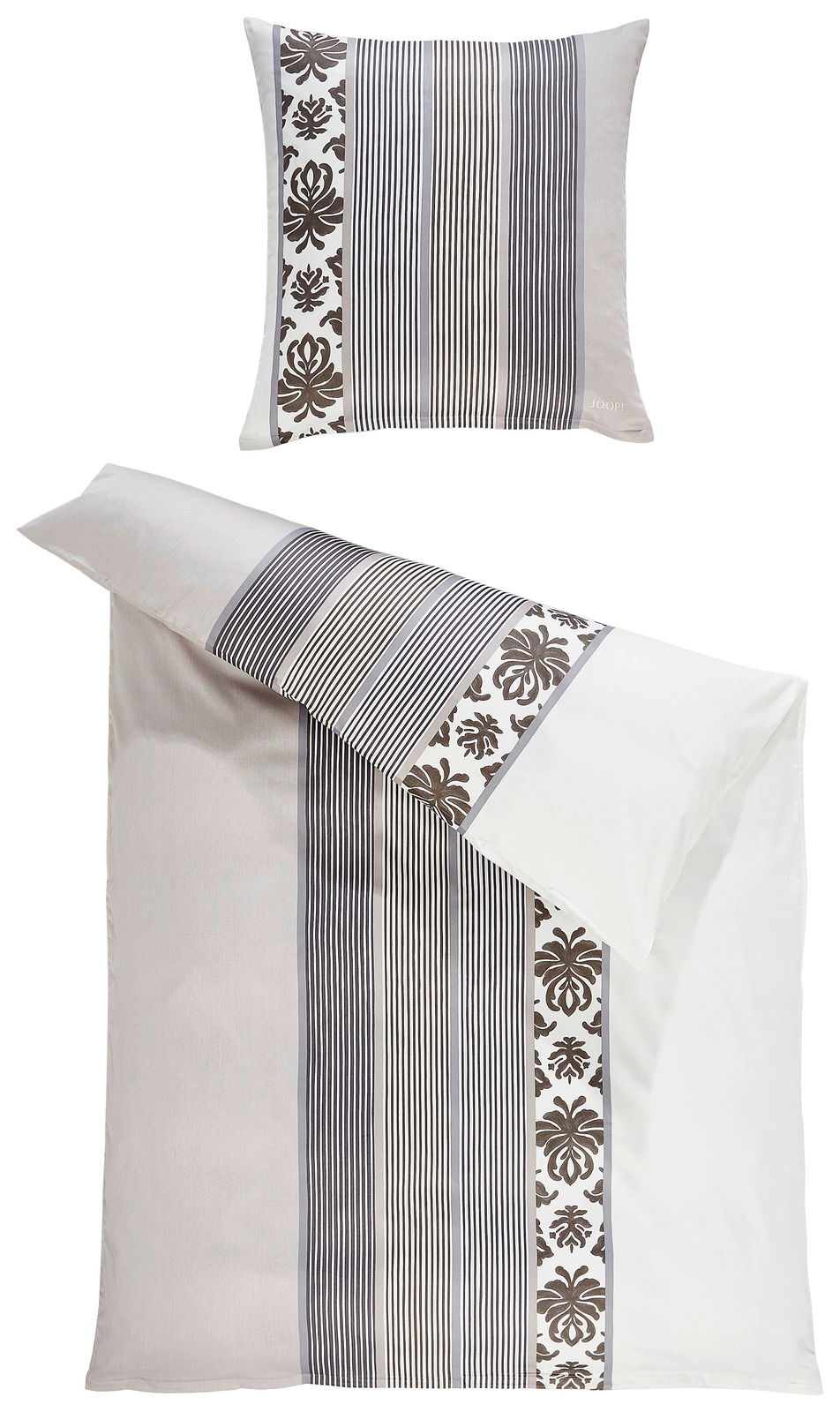 JOOP! Bettwäsche ORNAMENT STRIPE EX Bettwäsche-Set von JOOP! mit Ornament- und Streifenmuster, bestehend aus einem Kissenbezug und einem Bettdeckenbezug, aus der Vogelperspektive fotografiert.