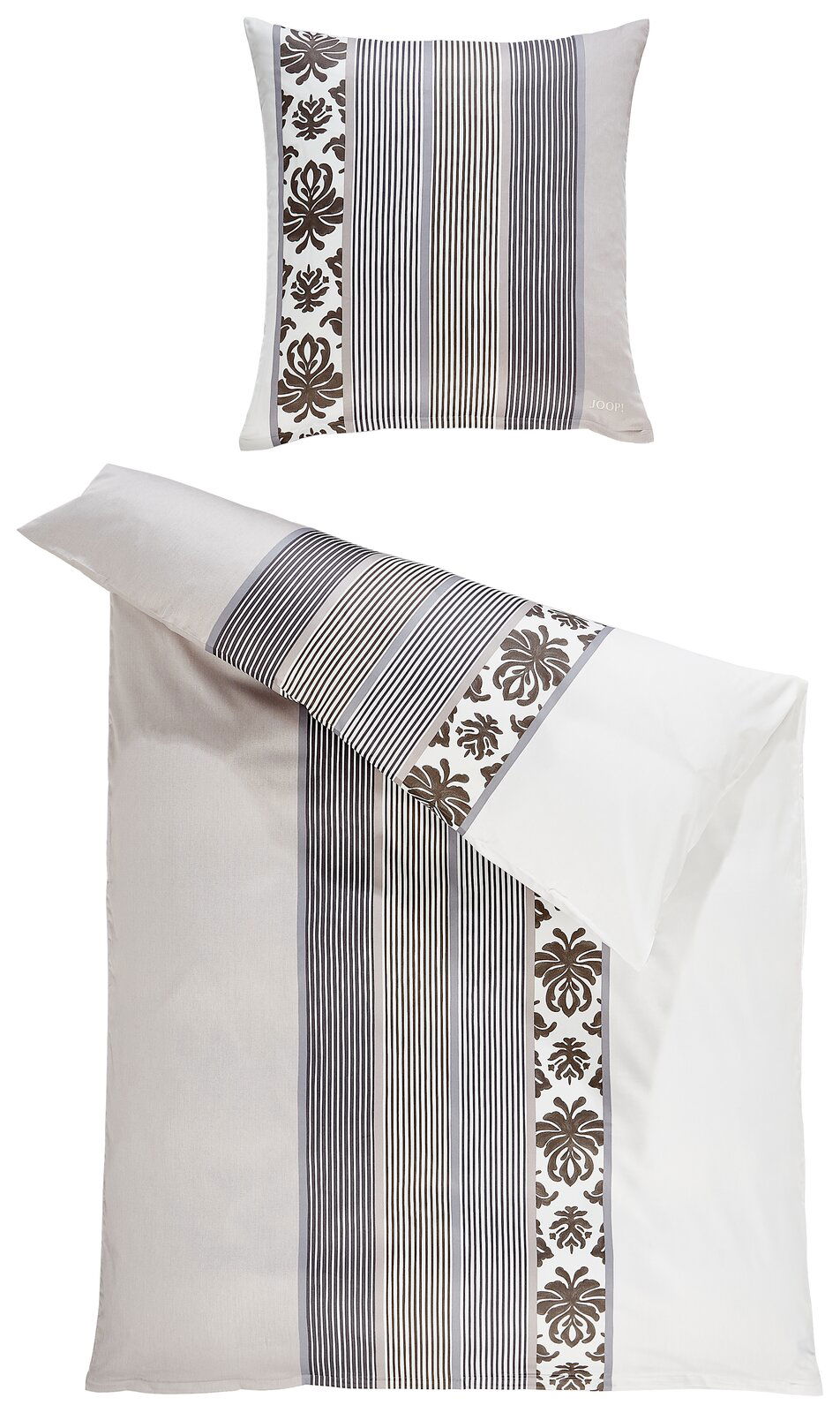 JOOP! Bettwäsche ORNAMENT STRIPE EX Bettwäsche-Set von JOOP! mit Ornament- und Streifenmuster, bestehend aus einem Kissenbezug und einem Bettdeckenbezug, aus der Vogelperspektive fotografiert.