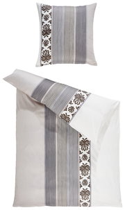 Bettwäsche-Set von JOOP! mit Ornament- und Streifenmuster, bestehend aus einem Kissenbezug und einem Bettdeckenbezug, aus der Vogelperspektive fotografiert.