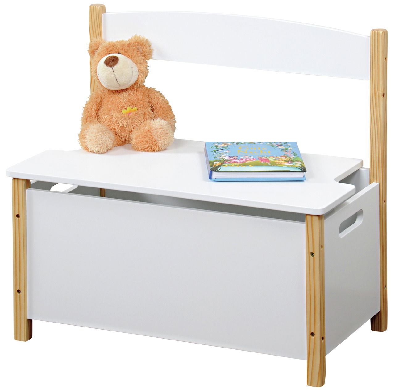 Kesper Kindersitzbank klappbar weiß Weiße klappbare Kindersitzbank mit Holzdetails, einem Teddybär und einem Buch darauf, seitliche Perspektive