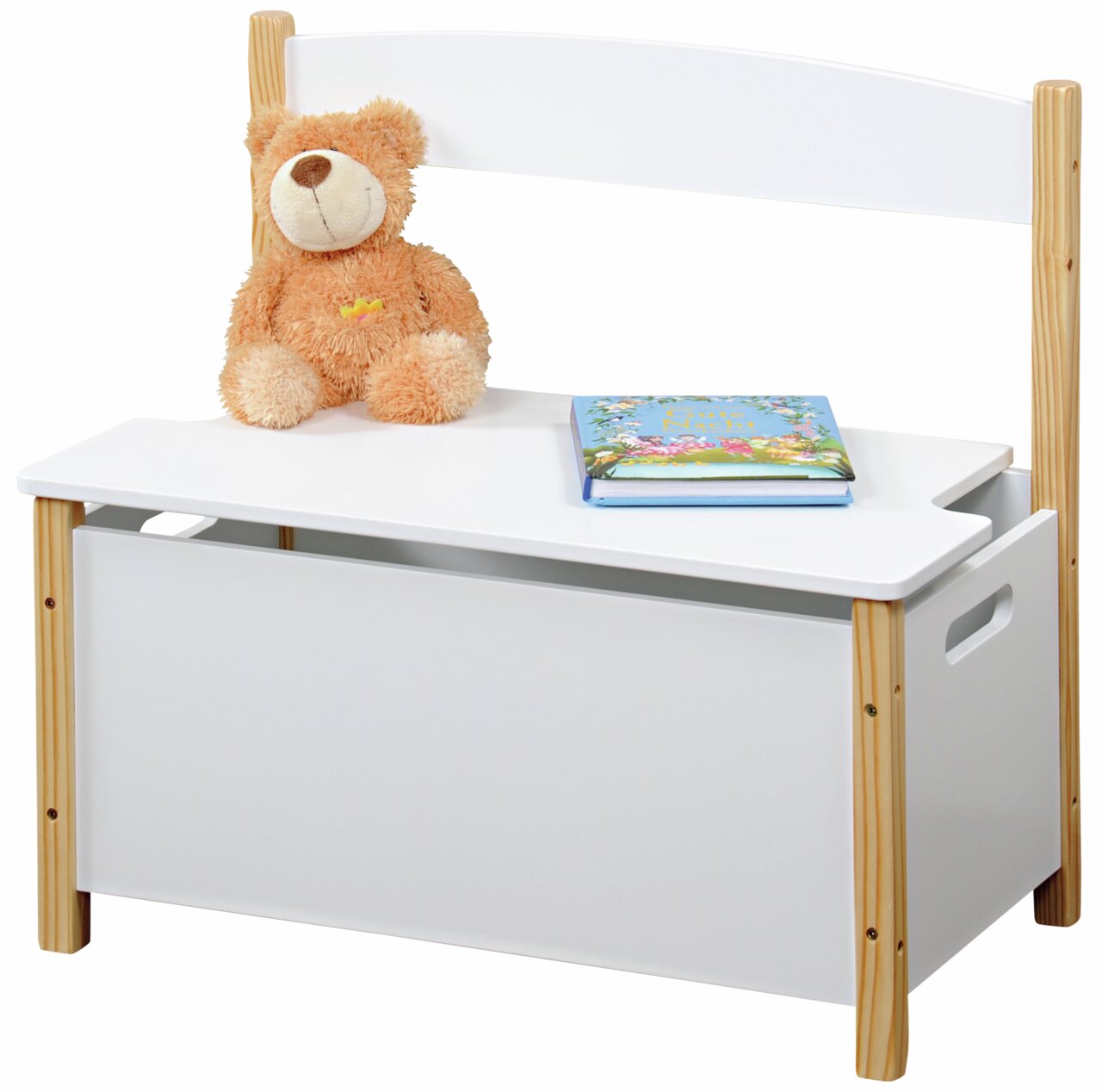 Weiße klappbare Kindersitzbank mit Holzdetails, einem Teddybär und einem Buch darauf, seitliche Perspektive