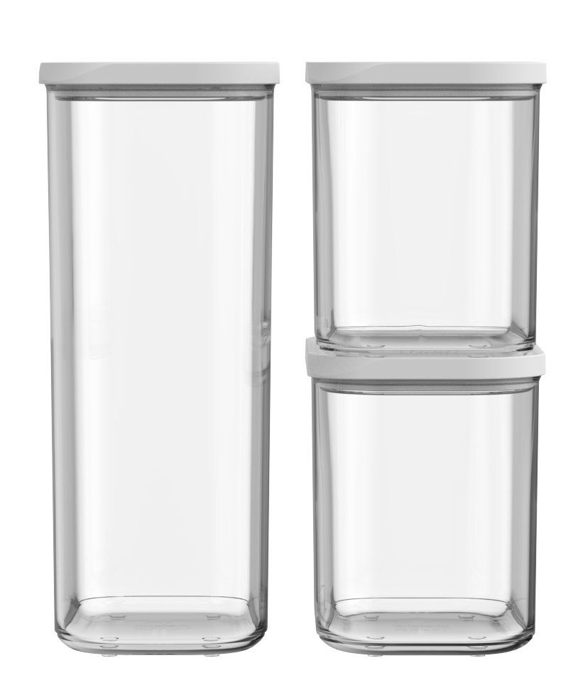 Drei transparente Vorratsbehälter mit weißen Deckeln, frontal betrachtet.