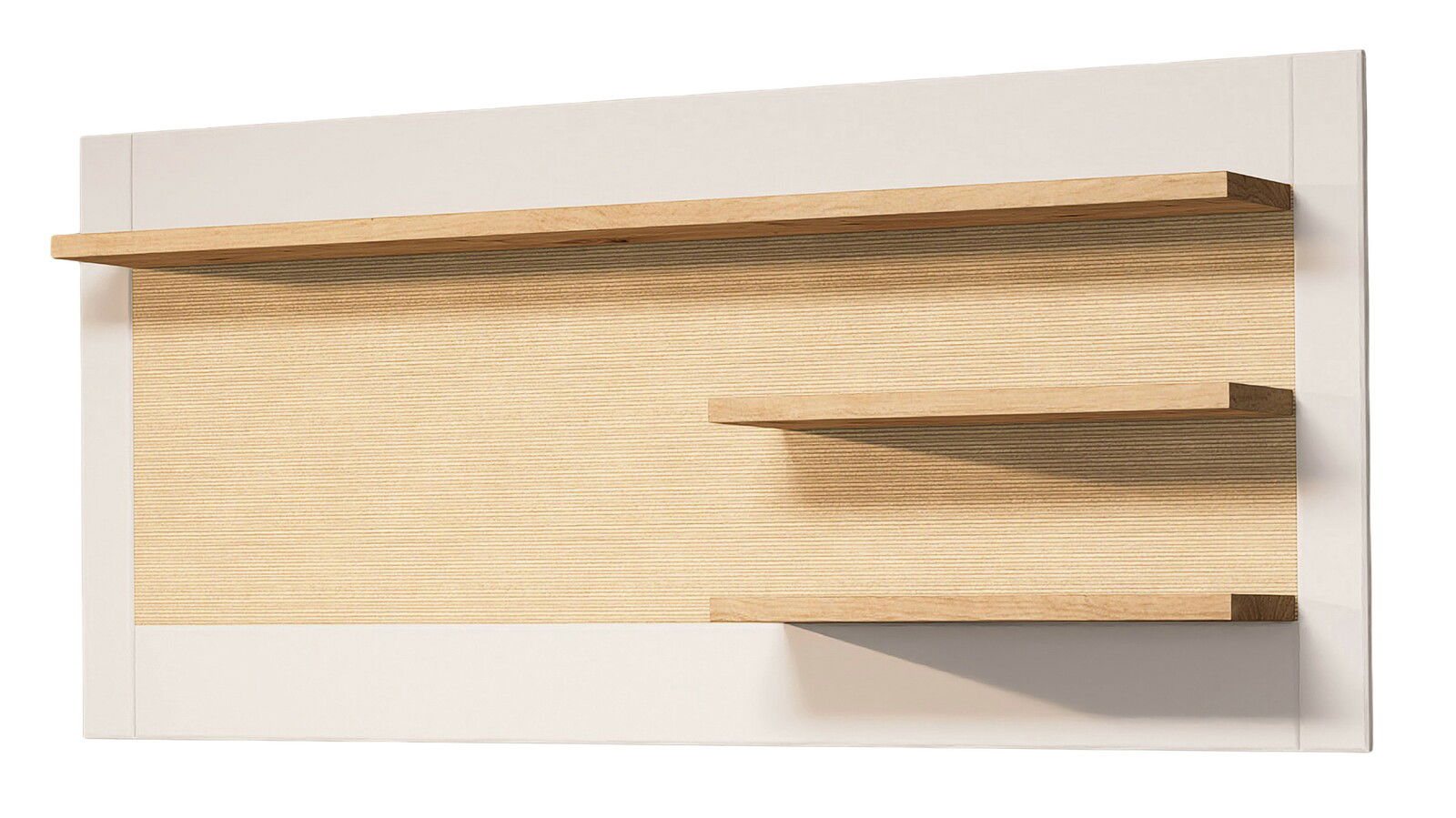 Wandregal mit drei Holzablagen, frontal betrachtet, auf einer hellen Rückwand montiert.