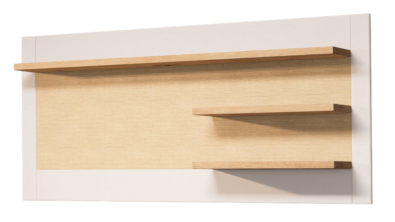 Wandregal mit drei Holzablagen, frontal betrachtet, auf einer hellen Rückwand montiert.