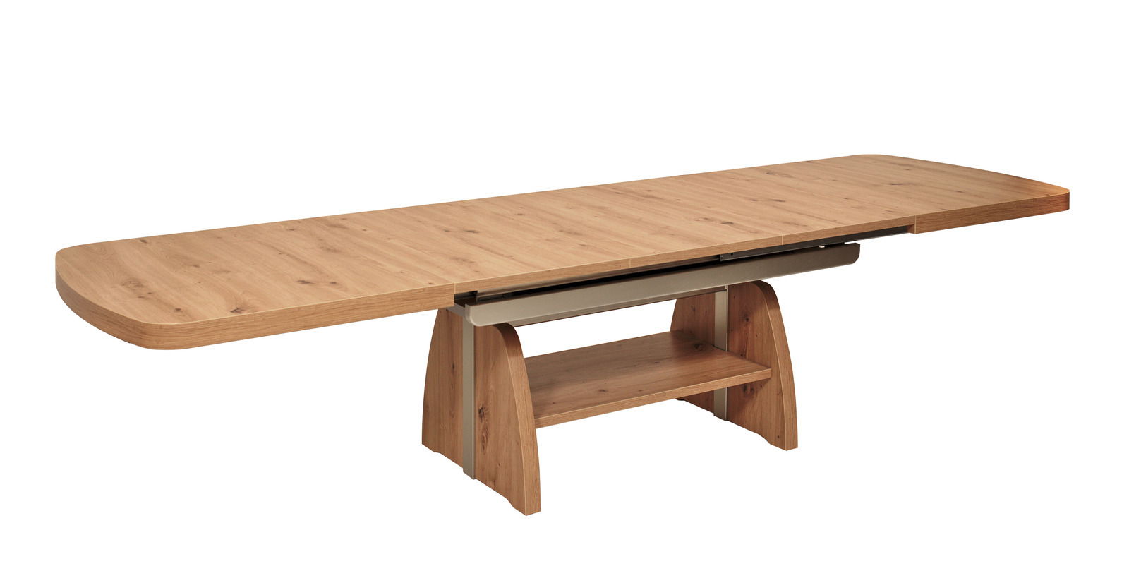 Moderner Couchtisch aus Holz in Seitenansicht, mit abgerundeten Ecken und stabiler Basis.