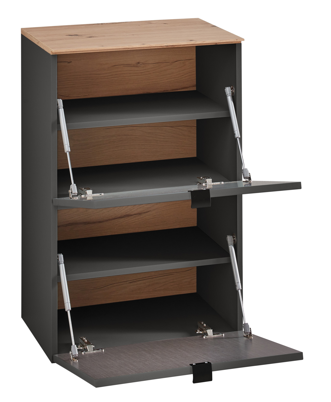 Hänge-Schuhschrank schmal mit geöffneter Frontansicht, graue Seitenwände und Holzelemente, zeigt Innenfächer und Klappmechanismus.