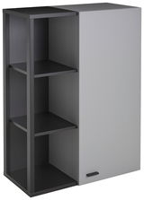 Hängeelement mit grauer Tür und offenen schwarzen Regalfächern, seitliche Perspektive