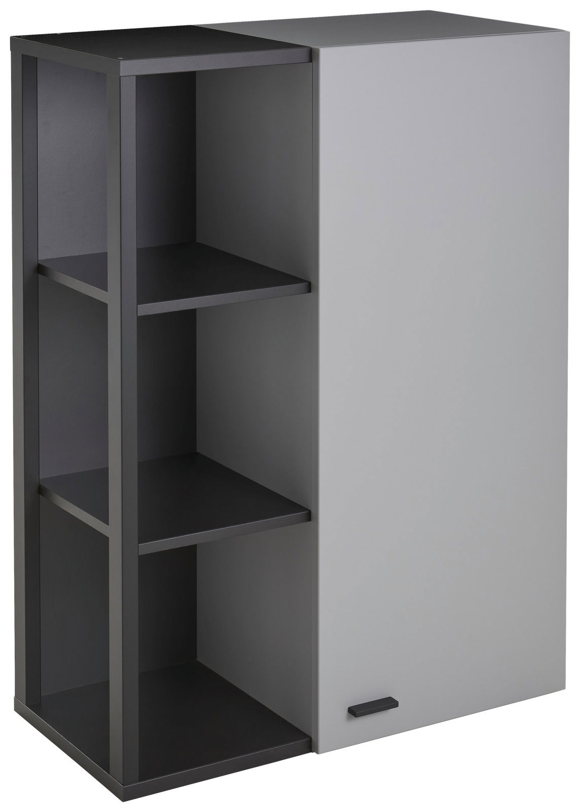 Hängeelement mit grauer Tür und offenen schwarzen Regalfächern, seitliche Perspektive