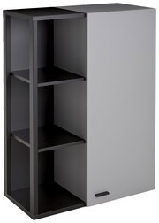 Hängeelement mit grauer Tür und offenen schwarzen Regalfächern, seitliche Perspektive