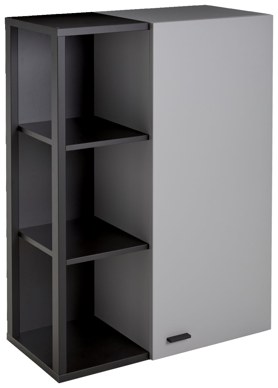 Hängeelement mit grauer Tür und offenen schwarzen Regalfächern, seitliche Perspektive