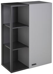 Hängeelement mit grauer Tür und offenen schwarzen Regalfächern, seitliche Perspektive