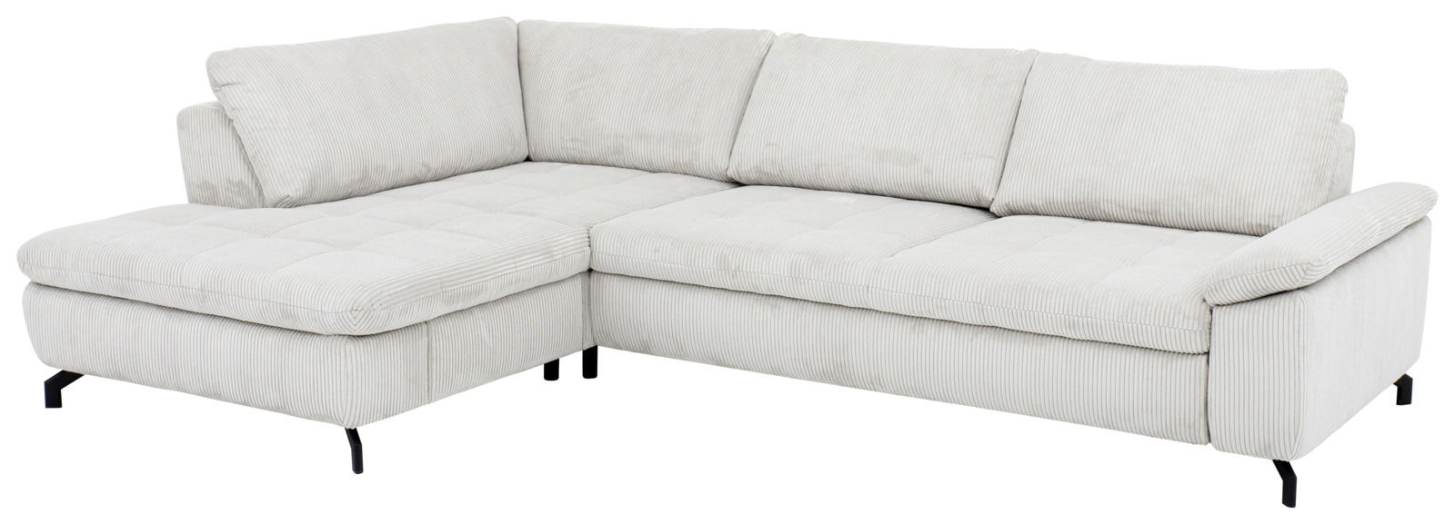 Ecksofa Beldomo Style SENSE in heller Farbe, Vorderansicht von links mit großzügiger Sitzfläche und bequemen Kissen.