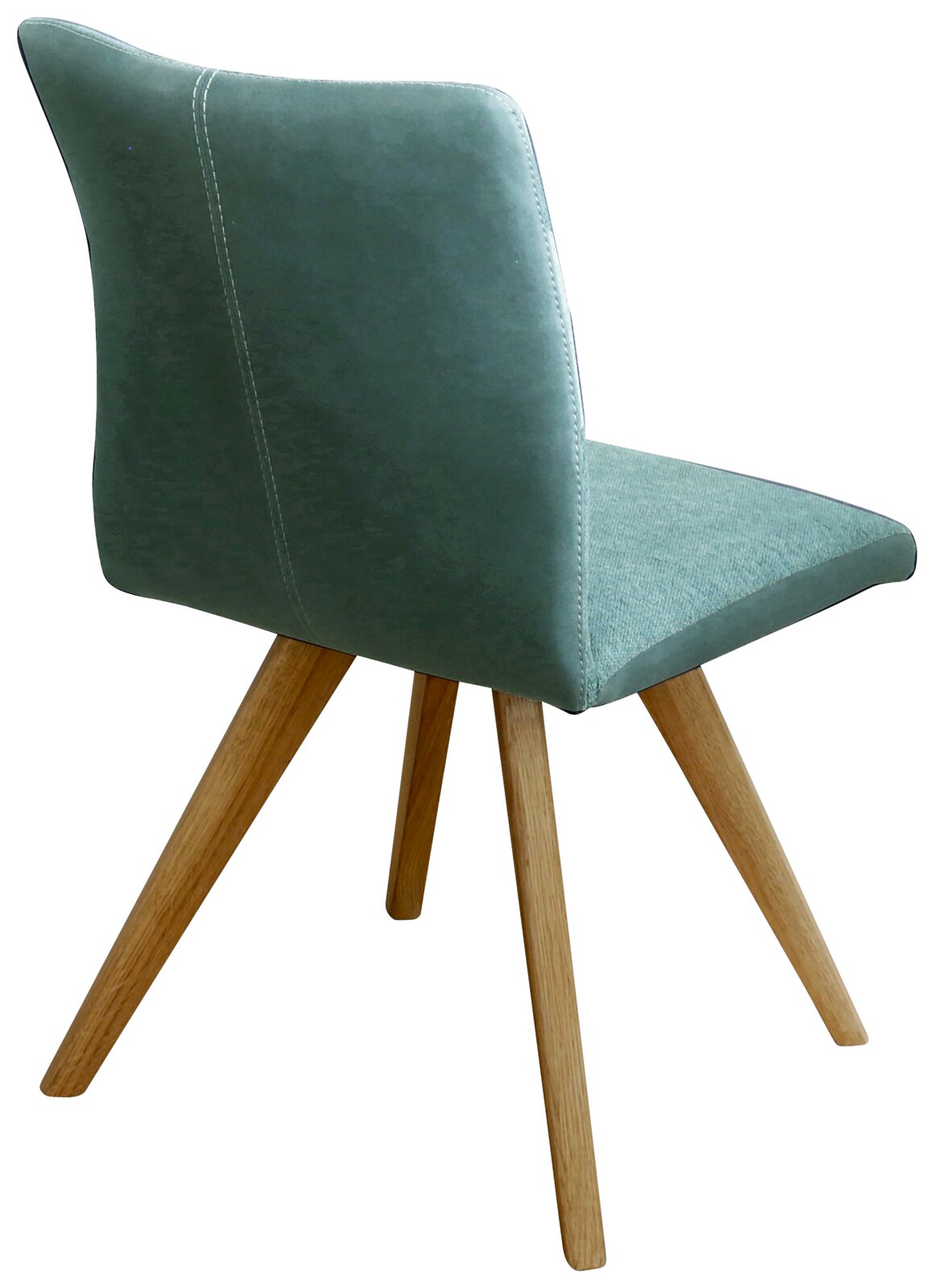 Moderner Stuhl mit grünem Polster und Holzbeinen, seitliche Rückansicht