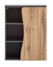 Unterschrank 60 mit einer Kombination aus offenen Regalfächern und einer Holzfront, frontal betrachtet.