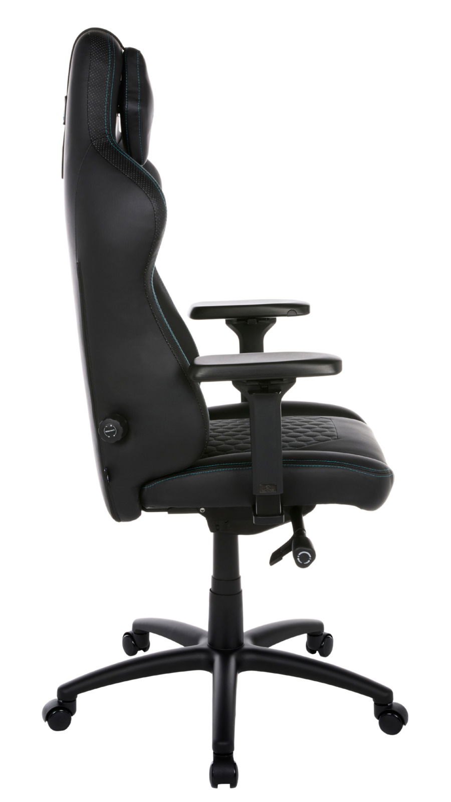 Seitliche Ansicht eines schwarzen Gaming-Stuhls mit verstellbaren Armlehnen und ergonomischem Design.