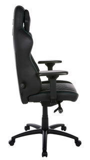 Seitliche Ansicht eines schwarzen Gaming-Stuhls mit verstellbaren Armlehnen und ergonomischem Design.