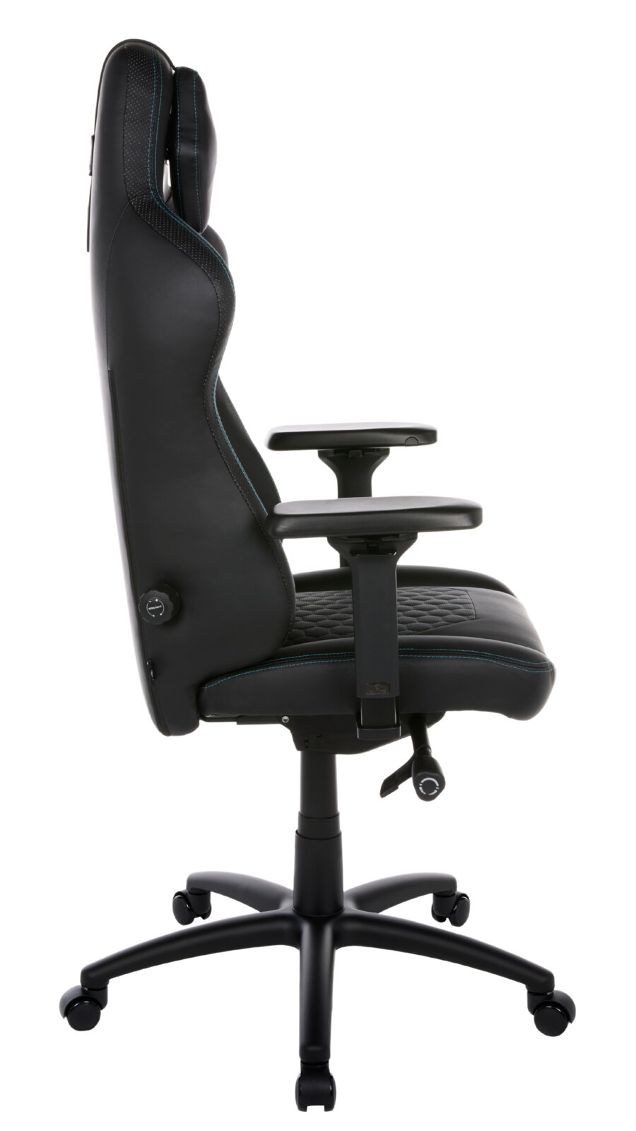 Seitliche Ansicht eines schwarzen Gaming-Stuhls mit verstellbaren Armlehnen und ergonomischem Design.