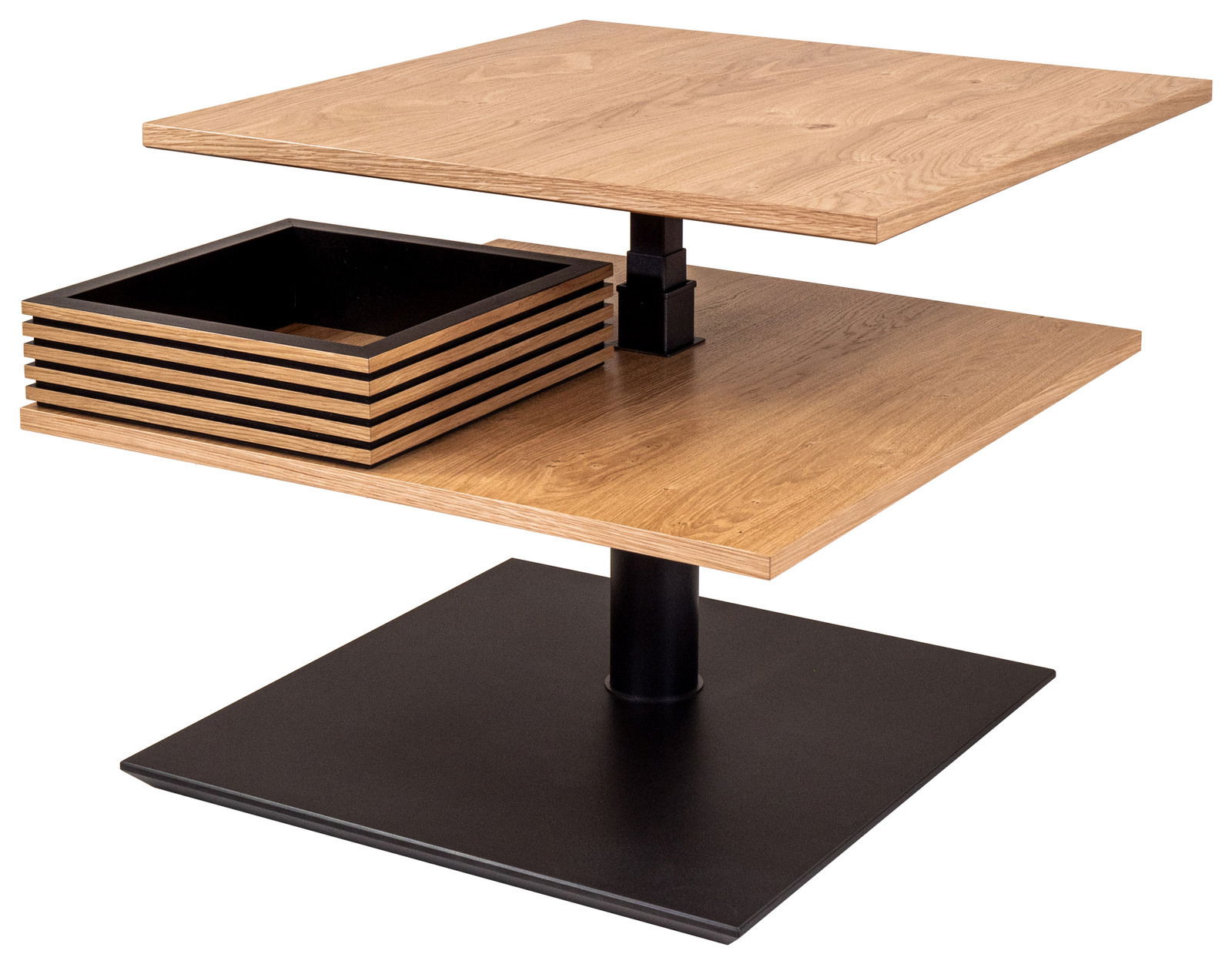 Zurbrüggen Couchtisch 5601 Moderner Couchtisch mit zwei übereinanderliegenden Holzplatten und einem schwarzen Metallfuß, seitliche Perspektive.