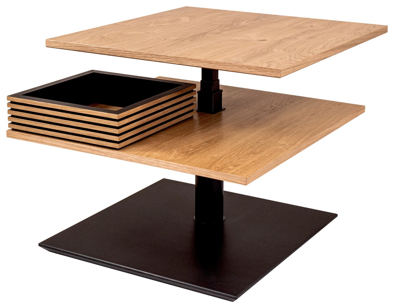 Moderne salontafel met twee boven elkaar geplaatste houten bladen en een zwart metalen onderstel, gezien vanaf de zijkant.