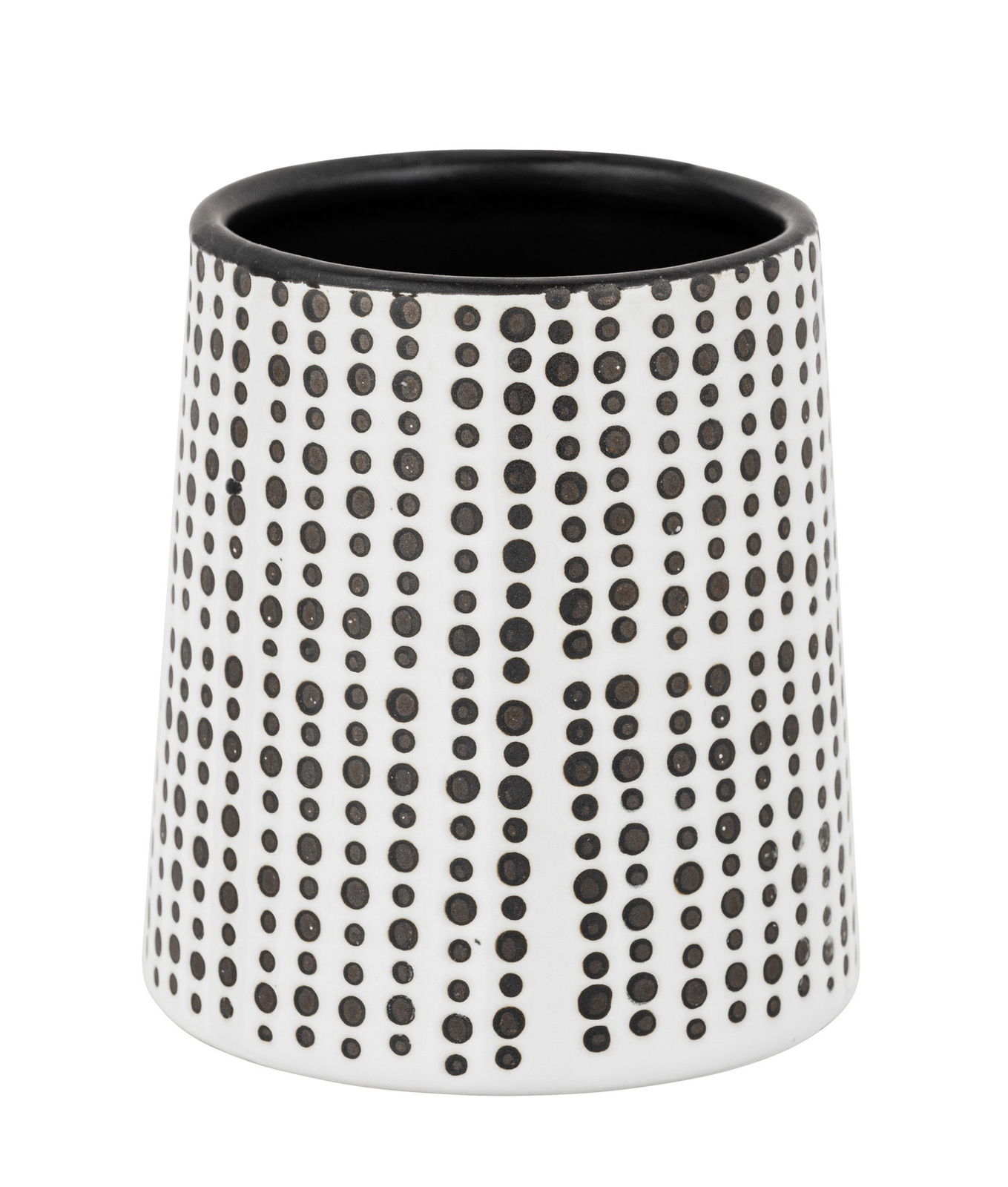 Zahnputzbecher in schwarz-weiß mit Punktmuster, seitliche Perspektive