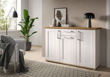 Weiße Kommode mit Holzplatte in einem modernen Wohnzimmer, seitliche Perspektive