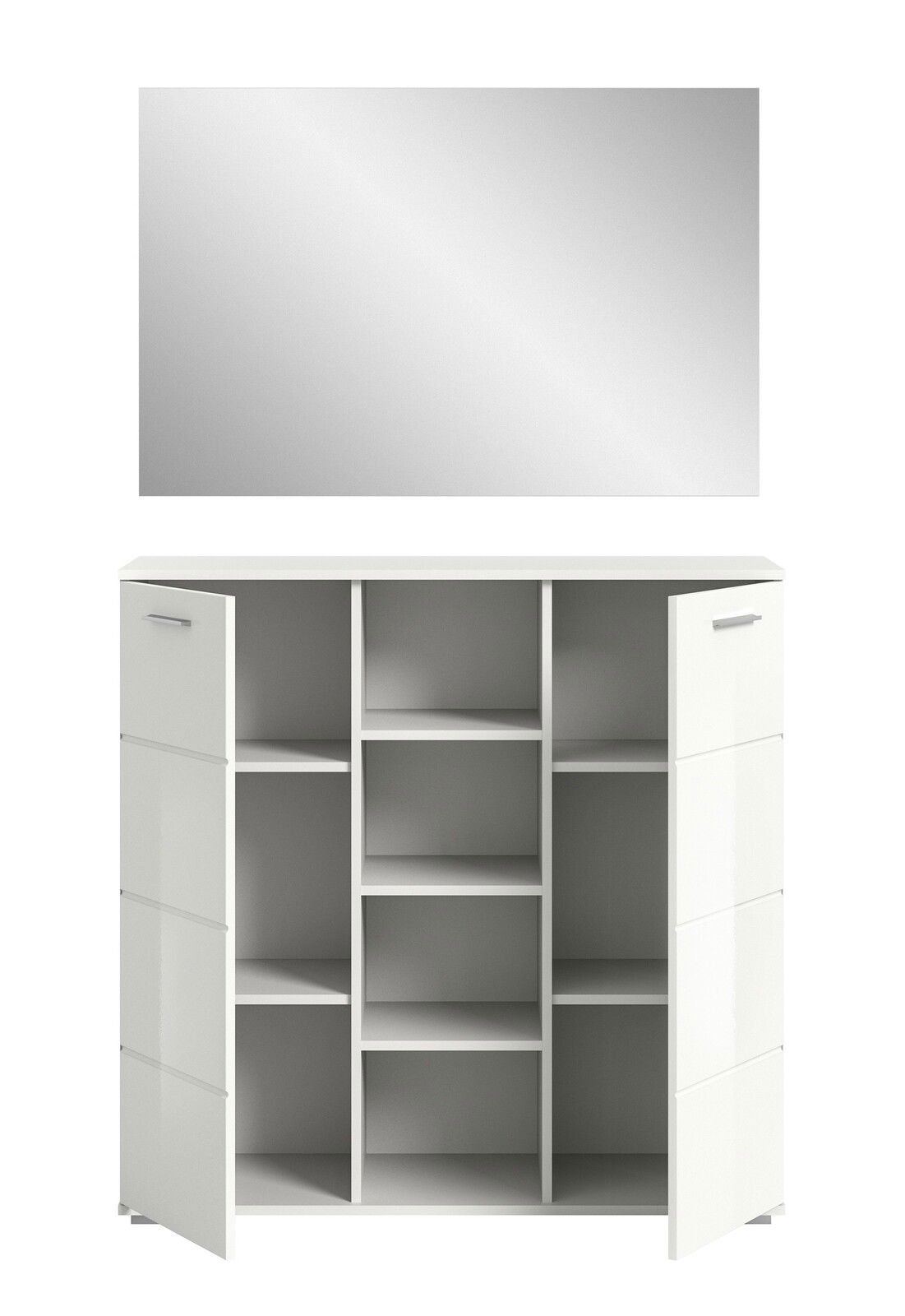 Weiße Garderobenkombination mit offenem Stauraum und Spiegel, Frontalansicht