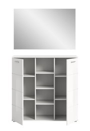 Weiße Garderobenkombination mit offenem Stauraum und Spiegel, Frontalansicht